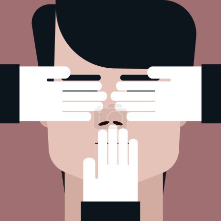Illustration for Conceptual illustration of external hands blocking the vision and speech of a person - Royalty Free Image