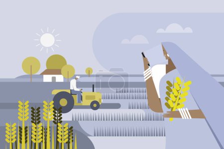 Ilustración de Ilustración de una mujer rural de la India en un campo agrícola usando un teléfono móvil - Imagen libre de derechos