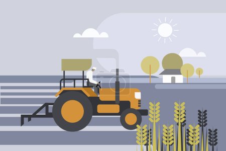 Téléchargez les illustrations : Illustration d'un agriculteur labourant le champ avec un tracteur - en licence libre de droit