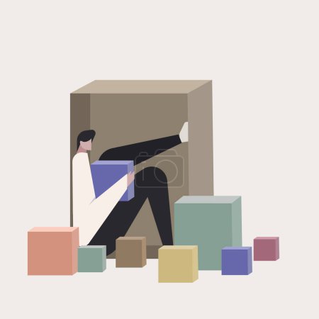 Illustration for Conceptual illustration of an man holding a box sitting inside a big box - Royalty Free Image