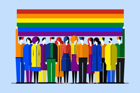 People standing together holding rainbow pride flag. Pride month celebration concept