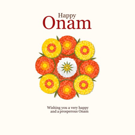 Illustration for Onam festival greetings with floral designs. Onam is a traditional festival in Kerala, India - Royalty Free Image