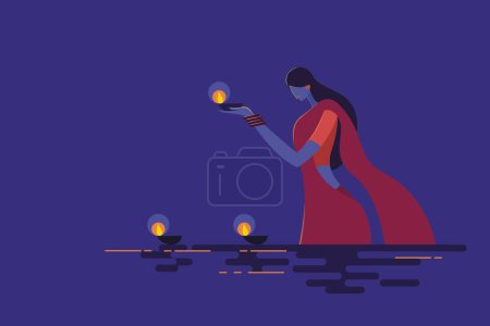 Illustration for Illustration of an Indian woman floating Diwali festival lamps in water - Royalty Free Image