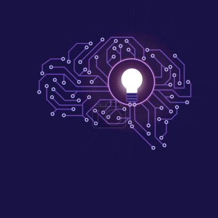 Téléchargez les illustrations : Illustration de réseaux neuronaux connectés illuminant une ampoule à l'intérieur d'un cerveau humain - en licence libre de droit