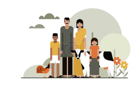 Illustration einer indischen Bauernfamilie mit ihren Nutztieren