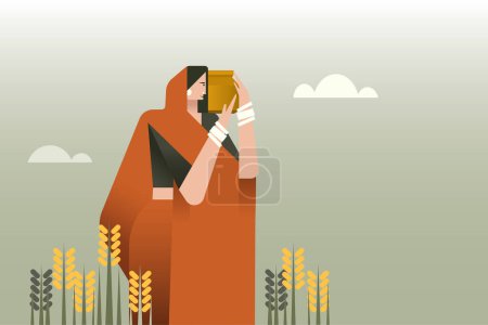 Illustration einer indischen Landfrau mit einem Wassertopf, der in einem Weizenfeld steht