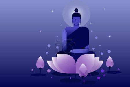 Illustration for Illustration of Buddha meditating in peace surrounded by lotus flowers - Royalty Free Image