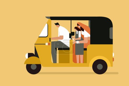 Illustration for Illustration of an Indian family travelling in a three wheeler auto rickshaw - Royalty Free Image