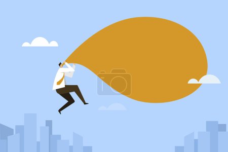 Conceptual illustration of a businessman blowing up a balloon and flying high
