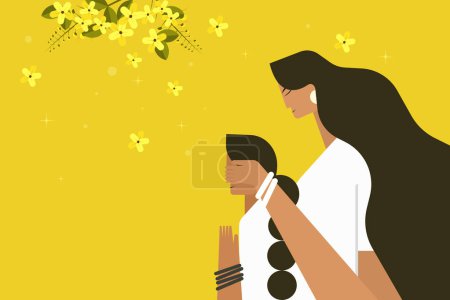 Illustration einer Mutter, die ihre Tochter mit verbundenen Augen im Hintergrund goldener Duschblumen zeigt. Konzept für das "Vishu" -Festival in Kerala