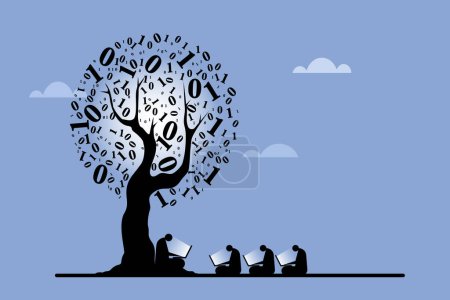 Conceptual illustration of a teacher and students using laptops sitting under a digital tree