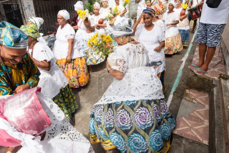 Photo for Saubara, Bahia, Brazil - June 12, 2022: Candomble members dancing and singing at religious house in Bom Jesus dos Pobre district, Saubara city. - Royalty Free Image