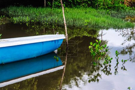 Téléchargez les photos : Bateau debout sur la rivière contre la forêt verte en arrière-plan. Aratuipe, Bahia, Brésil. - en image libre de droit