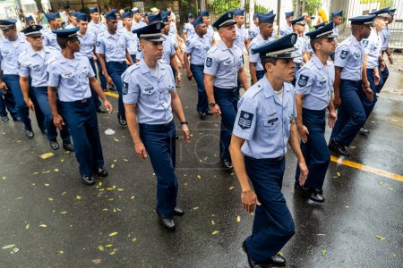 Photo for Salvador, Bahia, Brazil - September 07, 2022: Air force soldiers are marching during the Brazilian independence day parade in Salvador, Bahia. - Royalty Free Image