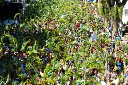 Téléchargez les photos : Salvador, Bahia, Brésil - Abril 02, 2023 : Des foules de fidèles catholiques agitent des branches de palmier lors de la procession du dimanche des Rameaux à Salvador, Bahia. - en image libre de droit