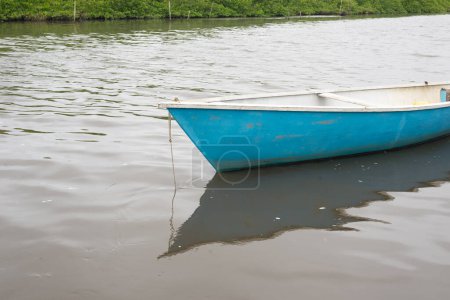 Téléchargez les photos : Un bateau bleu et blanc ancré dans une rivière en attente de départ. Bateaux de pêche. Ville de Maragogipe, Brésil. - en image libre de droit