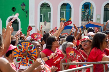 Salvador, Bahia, Brazil - December 04, 2023: Crowds of faithful are seen during a tribute to Santa Barbara in Pelourinho, city of Salvador, Bahia.