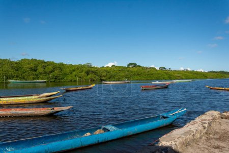 Téléchargez les photos : Canots amarrés sur la rivière Jaguaripe à Maragogipinho, quartier de la ville d'Aratuipe à Bahia. - en image libre de droit