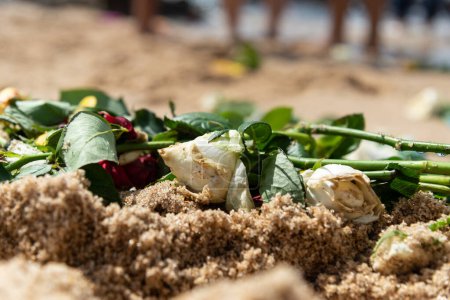 Flowers on the beach sand. Tribute to Iemanja.