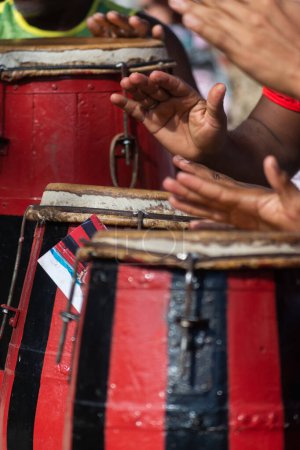 Percussionist hands playing atabaque. Marked rhythm. The art of music.
