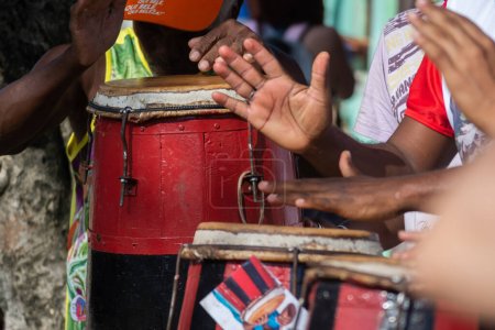 Percussionist hands playing atabaque. Marked rhythm. The art of music.