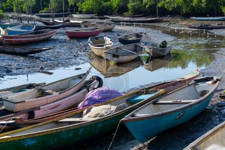 Photo for Santo Amaro, Bahia, Brazil - June 01, 2019: View of several canoes and boats in the port of Acupe, district of the city of Santo Amaro in Bahia. - Royalty Free Image