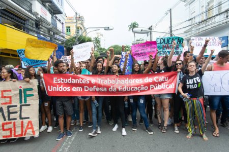 Photo for Salvador, Bahia, Brazil - May 15, 2019: Many students are seen protesting in favor of Brazilian education in the city of Salvador, Bahia. - Royalty Free Image