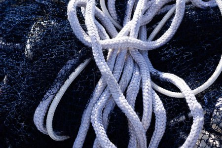 Professional fishing net rope stored. Fishing and leisure. Nautical equipment.