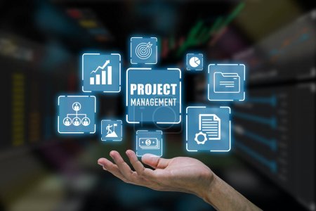 Photo pour Project management.Project managers streamline tasks and progress progress planning with company chart scheduling interface. - image libre de droit