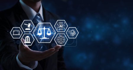 KI Law concept. KI-Ethik. Gesetzgebung und Vorschriften des AI Act. Die Kontrolle der Technologie der künstlichen Intelligenz ist ein hohes Risiko. Virtueller Anwalt, Online-Rechtsberatung, Cyberrecht, Digitales Recht.