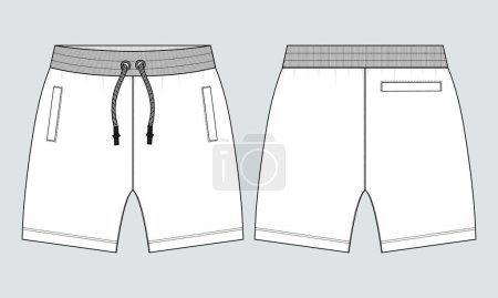 Téléchargez les illustrations : Short pantalon dessin technique mode plat croquis modèle avant et arrière vues - en licence libre de droit