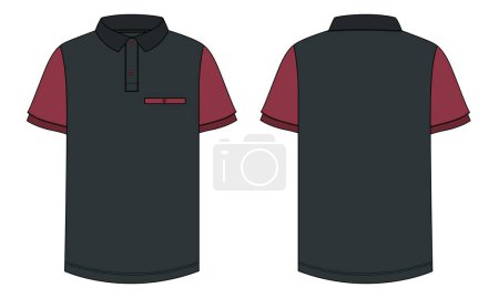 Illustration for Short sleeve Polo shirt Technical Fashion flat sketch vector illustration black color template front and back views. - Royalty Free Image