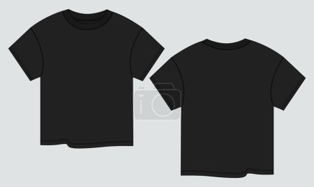 Illustration for Short sleeve Basic T-shirt technical fashion flat sketch vector Illustration template front and back views. Basic apparel Design Mock up for Kids - Royalty Free Image
