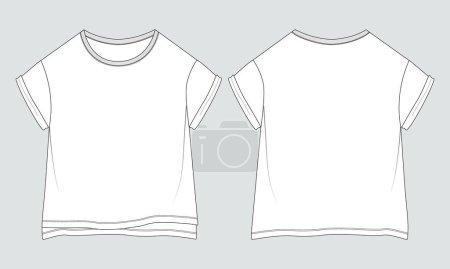 Ilustración de Manga corta Camiseta básica de moda técnica plano bosquejo vector Plantilla de ilustración vistas frontales y traseras. Diseño de ropa básica Mock up para niños - Imagen libre de derechos