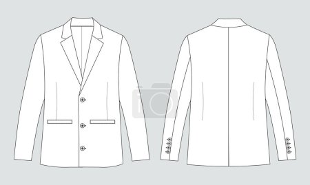 Illustration for Long sleeve blazer suit technical drawing fashion flat sketch vector illustration template front and back views - Royalty Free Image