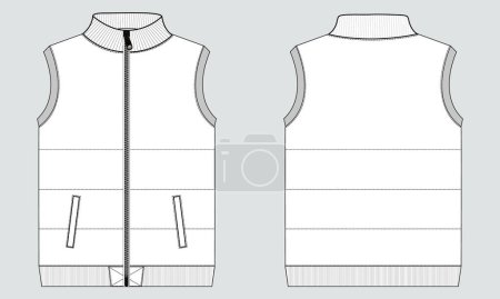 Illustration for Fleece sweat jersey vest technical drawing fashion flat sketch vector illustration template front and back views - Royalty Free Image