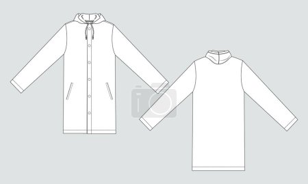 Illustration for Long sleeve hoodie coat technical drawing fashion flat sketch vector illustration - Royalty Free Image