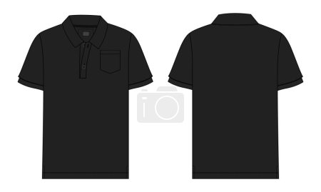 Illustration for Short sleeve Polo shirt Technical Fashion flat sketch vector illustration black color template front and back views. - Royalty Free Image