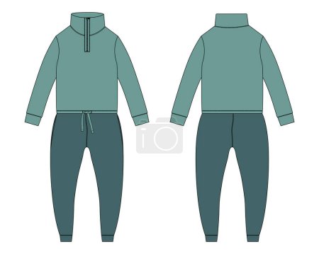 Téléchargez les illustrations : Bodysuit Jogger sweat-shirt avec sweat-shirt tops mode technique plat croquis vectoriel illustration modèle avant et arrière vues - en licence libre de droit