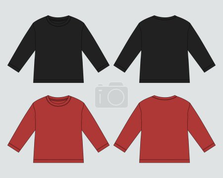 Téléchargez les illustrations : Modèle de vecteur de croquis plat de mode de dessin technique de sweat-shirt à manches longues pour enfants - en licence libre de droit