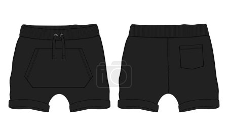 Téléchargez les illustrations : Short pantalon dessin technique mode plat croquis modèle avant et arrière vues - en licence libre de droit