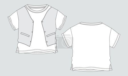 Ilustración de Bebé niños camiseta dibujo técnico moda plano bosquejo vector ilustración gris y hkaki plantilla de color frente y atrás vistas. - Imagen libre de derechos