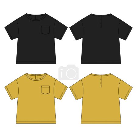 Ilustración de Bebé niños camiseta dibujo técnico moda plano bosquejo vector ilustración plantilla frente y atrás vistas. Diseño de ropa maqueta para niños - Imagen libre de derechos