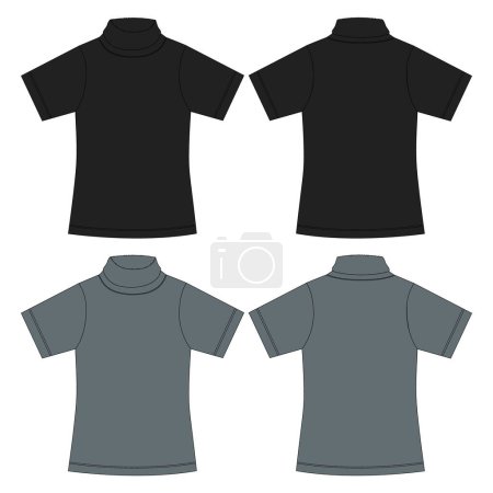 Illustration for Short sleeve T shirt with stand up collar technical drawing fashion flat sketch vector illustration - Royalty Free Image