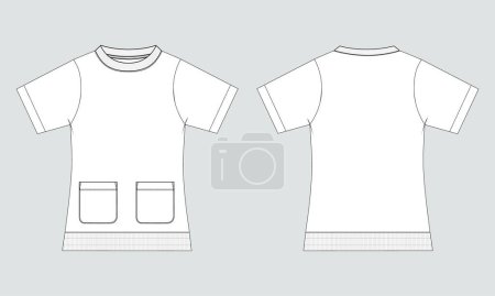 Illustration for Baby boys t shirt technical drawing fashion flat sketch vector illustration template front and back views. Apparel design mock up for kids - Royalty Free Image