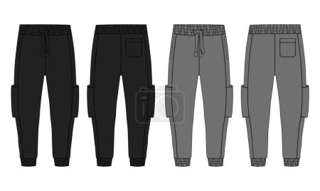 Illustration for Fleece fabric Jogger Sweatpants overall technical fashion flat sketch vector illustration template front, back views - Royalty Free Image
