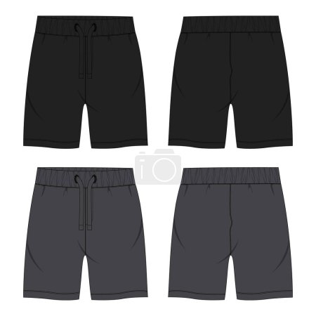 Illustration for Shorts pant technical drawing fashion flat sketch template front and back views - Royalty Free Image