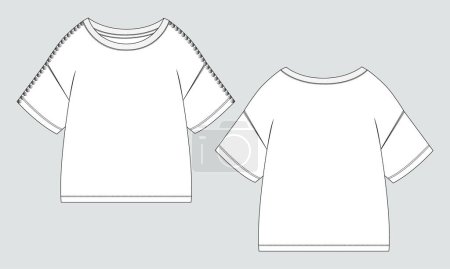 Ilustración de Manga corta Camiseta básica de moda técnica plano bosquejo vector Plantilla de ilustración vistas frontales y traseras. Diseño de ropa básica Mock up para niños - Imagen libre de derechos