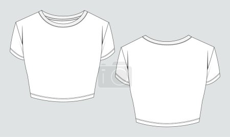 Téléchargez les illustrations : T-shirt manches courtes hauts chemisier dessin technique mode plat croquis vectoriel illustration - en licence libre de droit