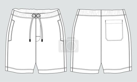 Ilustración de Pantalones cortos pantalón dibujo técnico moda plano bosquejo plantilla vista frontal y trasera - Imagen libre de derechos